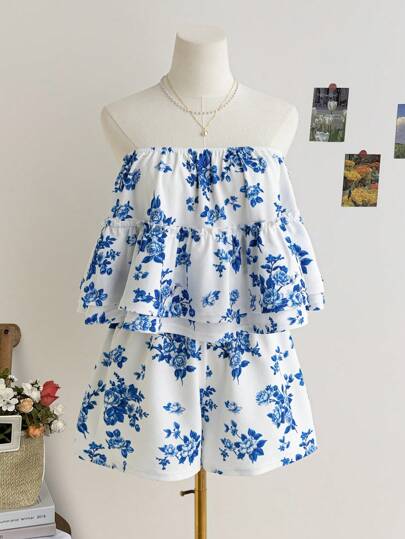 Soleia 女士节日花卉印花荷叶边下摆抹胸上衣和短裤套装海滩度假服装女士春夏服装西部音乐节波西米亚节日波西米亚风