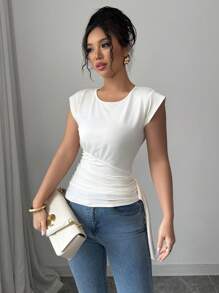 Elenzga 优雅法式度假褶皱蝴蝶结奶油黄色女式 T 恤 - 米色 - 查看 3