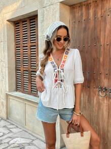 SHEIN Unity French Elegant Solid Color Woven V-Neck Puff Sleeve Embroidery Splice Design Ladies Shirt, New Summer Collection - White - View 3