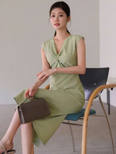 DAZY Vestido elegante sem mangas com torção justa de cor sólida para mulheres, primavera/verão