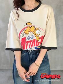 Garfield | FRIFUL 女士圆领撞色拼接宽松T恤，适合夏季户外穿着 - 杏色 - 查看 5