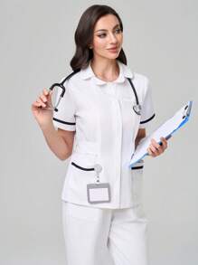 TaskEZ Scrub Uniform Top, Minimalist & Fashion, Casual Everyday Wear - White - View 1