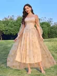 Modelyn Women's Tie Dye Print Sweetheart Collar Mesh Long Sleeve Elegant Mid-Length Dress Fall Cloth For Women