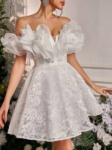 Lovelzi Vestido lujoso, elegante, noble, romántico, digno, blanco, con volantes de encaje y organza, cintura esbelta, corte en línea A, adecuado para celebraciones de despedida de soltera, invitados de bodas, vestidos de graduación, festivales, vestidos de celebración de la novia, vestido blanco, novia