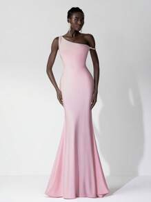 SHEIN Belle 不对称领口美人鱼下摆优雅粉色伴娘礼服 - 粉色 - 查看 7