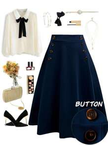 SHEIN Clasi 大码休闲纯色装饰纽扣半身裙 - 藏蓝色 - 查看 1