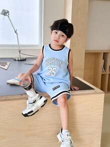 SHEIN Leap Crew 2pcs/Set Young Boys Casual Streetwear Sports Printed Round Neck Sleeveless Shorts Set, Suitable For Sports, Schooling, Daily Gatherings, Spring/Summer - Blue - View 1
