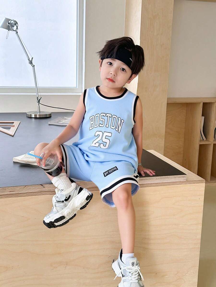 SHEIN Leap Crew 2pcs/Set Young Boys Casual Streetwear Sports Printed Round Neck Sleeveless Shorts Set, Suitable For Sports, Schooling, Daily Gatherings, Spring/Summer - Blue - View 1