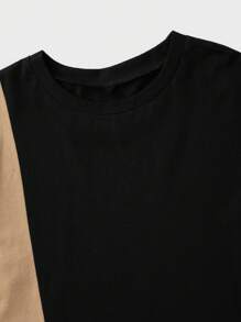 RueChic Men's Solid Color Patchwork Crew Neck Short Sleeve Top & Shorts Casual Suit - Beige - View 4