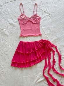 Soleia 女士浪漫假期吊带背心和荷叶边迷你裙套装 - 粉色 - 查看 2