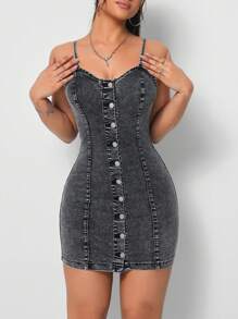 SHEIN Tall Sexy Denim Spaghetti Strap Open Front Dress For Women - Black - View 1