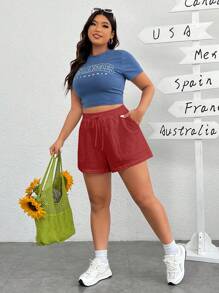 Solflare 勃艮第色编织运动风格大码女式短裤 - 酒紅色 - 查看 6