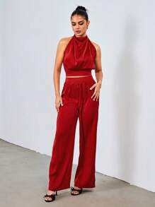 SHEIN Unity 女士无袖吊带上衣和松紧腰直筒裤两件套休闲套装，春夏 - 紅色 - 查看 6