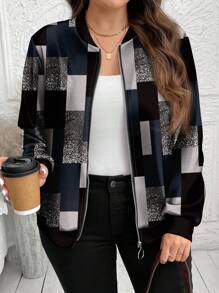 SHEIN LUNE Plus Size Black And White Checkered Jacket: Chic Geometric Print Bomber For Women Fall Clothes Winter Clothes Autumn