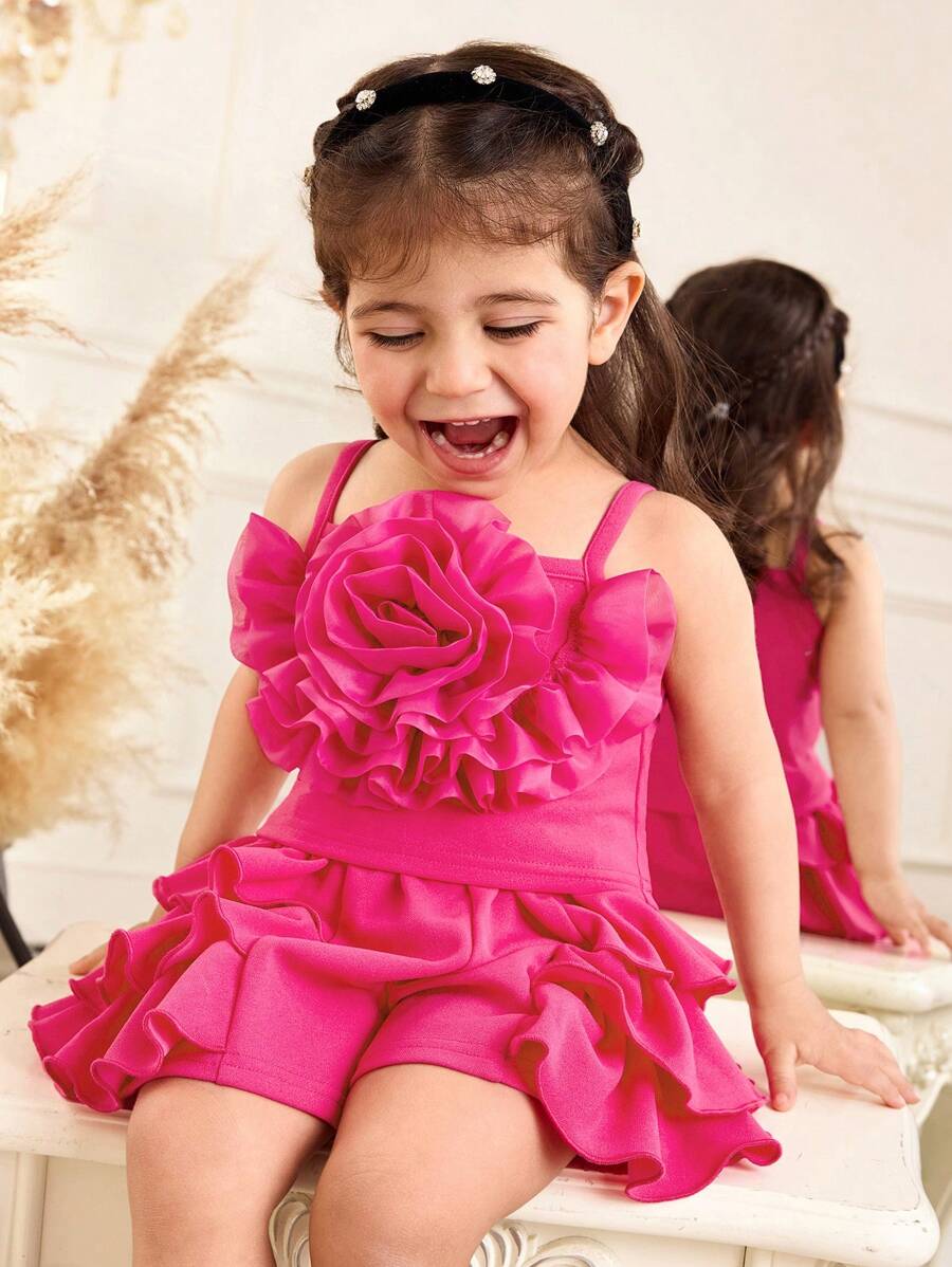 SHEIN Bộ quần short họa tiết bánh kem viền bèo nhún nhiều lớp dễ thương thanh lịch màu trơn vải organza 3D cho bé gái mùa hè - Màu Hồng Tươi - Xem 1