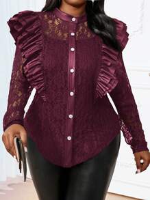 SHEIN Lady Spring And Summer Autumn And Winter Elegant Women's Black Lace Ruffled PU Patchwork Buttoned Coat - Red - View 3