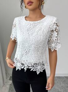 Elenzga Women's White Hollow Flower Designed Casual Top