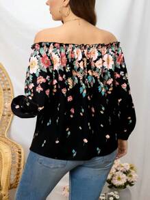 SHEIN Clasi Blusa de mujer talla grande con estampado floral, escote asimétrico, cuello curvo y puños elásticos, adecuada para vacaciones y uso diario - Negro - Ver 2