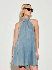 AiiRZ Vestido de denim de corte evasé sin mangas con cuello halter, lavado vintage, estilo mini, de fiesta, casual y de calle, prenda de moda