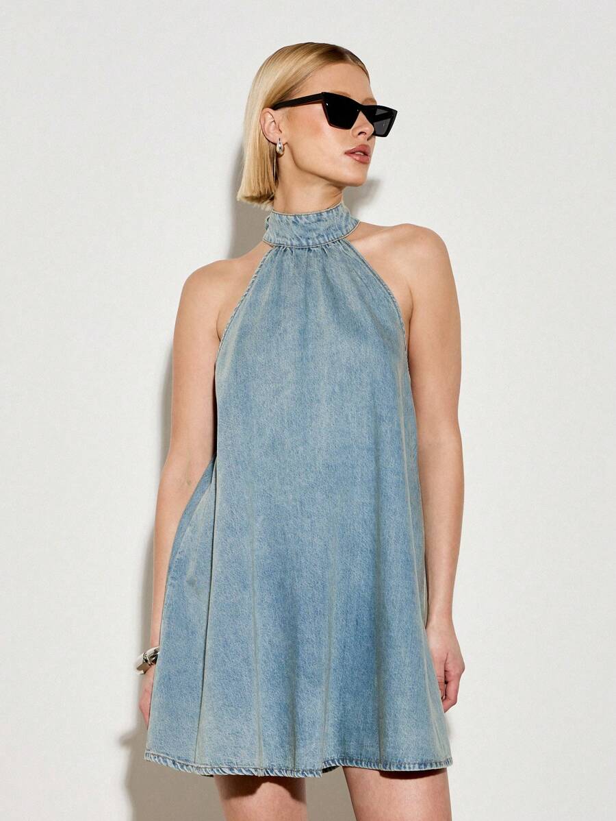 AiiRZ Vestido de denim de corte evasé sin mangas con cuello halter, lavado vintage, estilo mini, de fiesta, casual y de calle, prenda de moda
