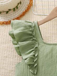 SHEIN Leap Crew Tween Girl 2 Pieces Set: Backless Bowknot Blouse With Ruffle Sleeves & Wide Leg Pants, Textured Fabric - Mint Green - View 6