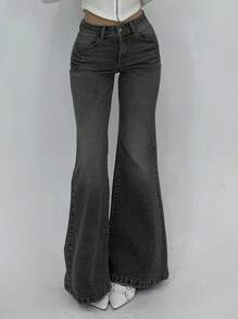 DAZY 女士休闲喇叭牛仔裤，简约时尚，适合日常穿着 - 深灰色 - 查看 4