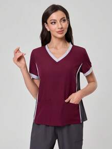 TaskEZ Damski top Colorblock z dekoltem w serek i krótkim rękawem, kieszenią na mundury chirurgiczne