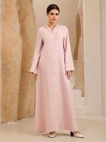 Graceveil Front Button Long Sleeve Casual Loose Minimalist Shoulder Floral Embroidered Dress Fall Cloth For Women - Pink - View 3