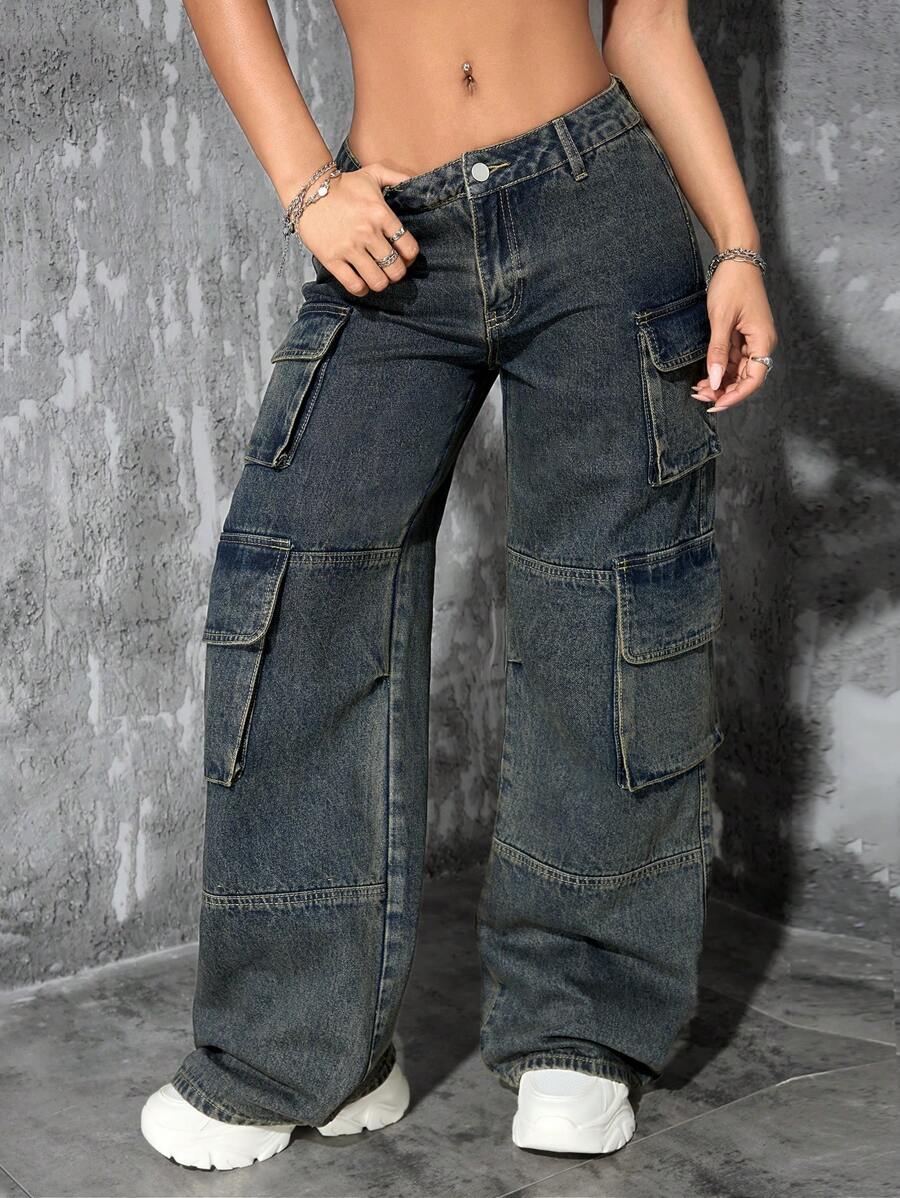 SHEIN PETITE Women's Distressed Low-Waist Wide-Leg Jeans - Dusty Blue - View 1