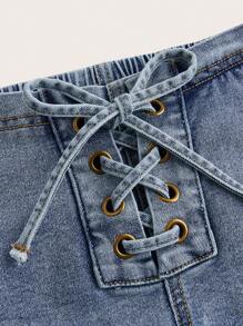 SHEIN ICON Quần short denim cạp trễ có thiết kế buộc dây lỗ cho nữ - Rửa trung bình - Xem 8
