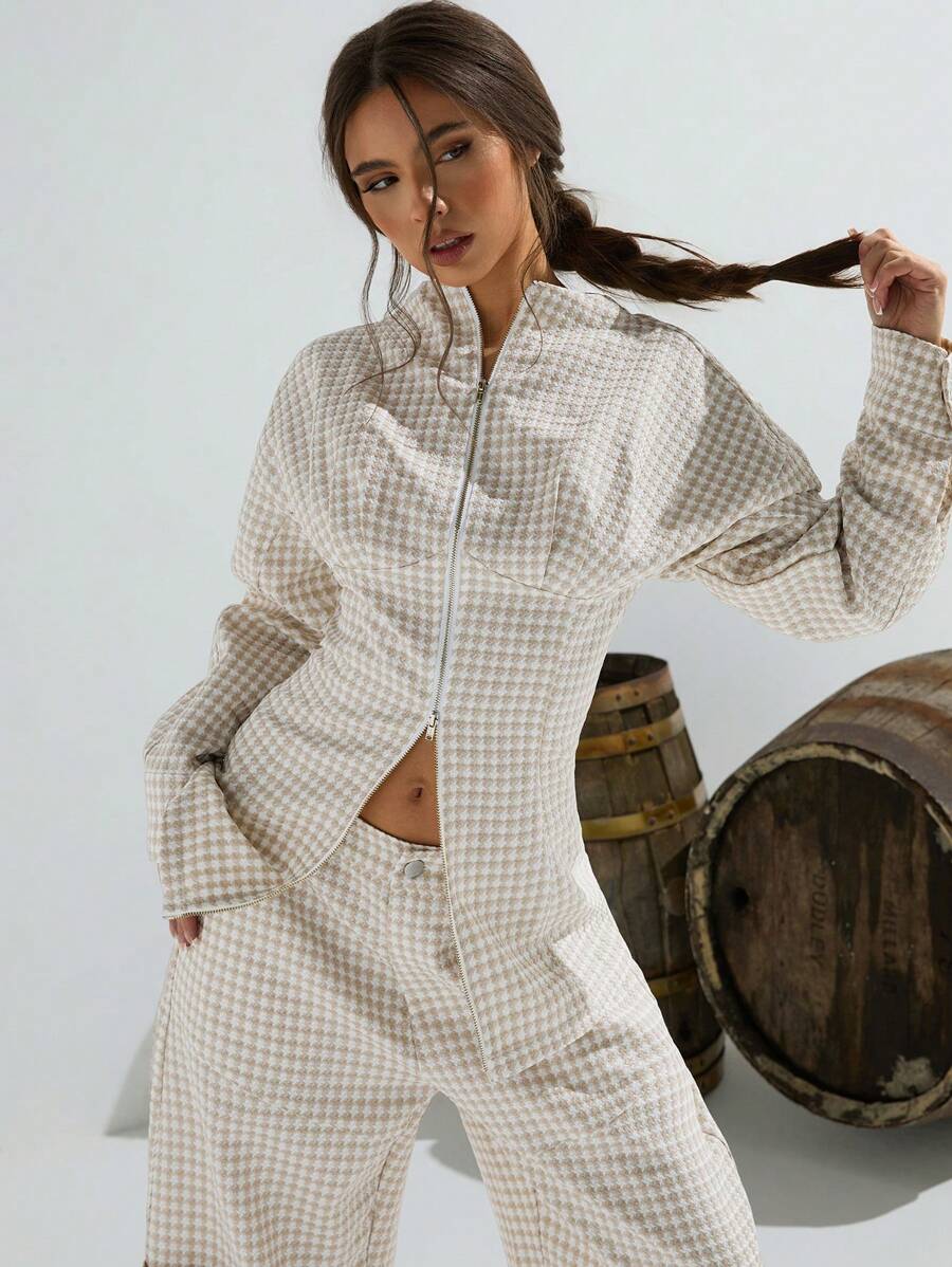 Athîral Women's Casual Regular Jacket, Minimalist And Fashionable For Daily Wear,Gingham Tweed In Fall/Winter - Khaki - View 1