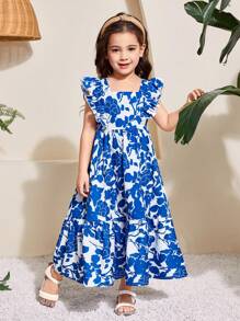 SHEIN Serisse Kids 年轻女孩编织碎花方领荷叶边蝴蝶结镂空后背连衣裙 - 藍白色 - 查看 7