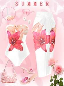 SHEIN Swim Curve Plus Size Women 2pcs/Set Flower Print One-Piece Swimsuit With Cover Up Skirt, Vacation/Summer Beach Wear - Multicolor - View 1