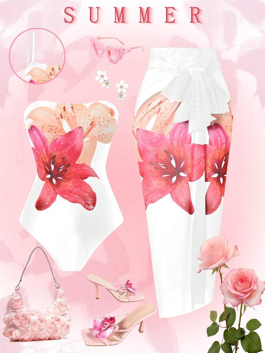 SHEIN Swim Curve Plus Size Women 2pcs/Set Flower Print One-Piece Swimsuit With Cover Up Skirt, Vacation/Summer Beach Wear - Multicolor - View 1