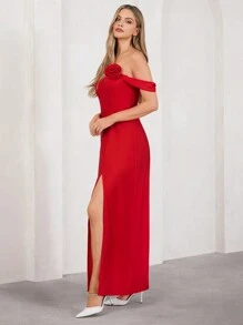 SHEIN Clasi 优雅露肩玫瑰印花修身开衩女式连衣裙，90 年代服装，红色连衣裙，优雅大方，节日 - 紅色 - 查看 6