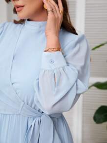 SHEIN Frenchy Plus Size Women's Long Sleeve Elegant Dress,Sky Blue Stand Collar Side Knot Pastel Spring Autumn Solid Color Wedding Bridal Dress - Blue - View 12