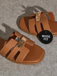 SHUZIA Wide Fit Top Seller Women's Luxury Gold Lock Stitching Detail Square Toe Flat Pu Tan Slide Sandals-Sophisticated, Elegant & Stylish Mother's Day Present - Brown - View 6