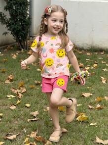 SHEIN Leap Crew 2 pezzi/set Ragazza giovane, maglietta a maniche corte con stampa floreale e arcobaleno, e pantaloncini casual semplici, adatti per l'estate - Multicolore - Visualizzare 4