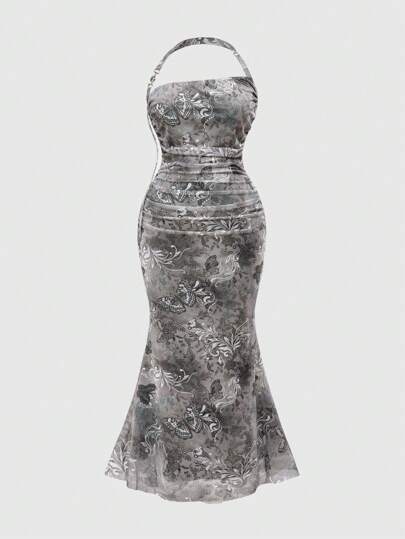 Robe longue à col ras-du-cou et imprimé floral pour femmes en grande taille