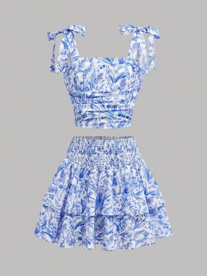 SHEIN Girlism Tween Girl Casual Streetwear Ditsy Floral Cami Top And Ruffle Hem Skirt 2pcs Set