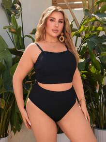 Swim Vcay 加大码 2 件套比基尼套装纯色可调节可拆卸肩带上衣搭配高腰三角裤，性感优雅女士海滩度假泳装，适合夏季度假