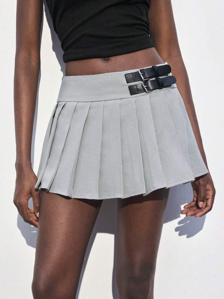 SHEIN Maija Spring & Summer New Gray Plaid Double Waist Belt Elegant Ladies Skirt, Casual Urban Chic Vacation Suitable For Outgoing, Wedding, Holiday, Date Matching Valentine's Day