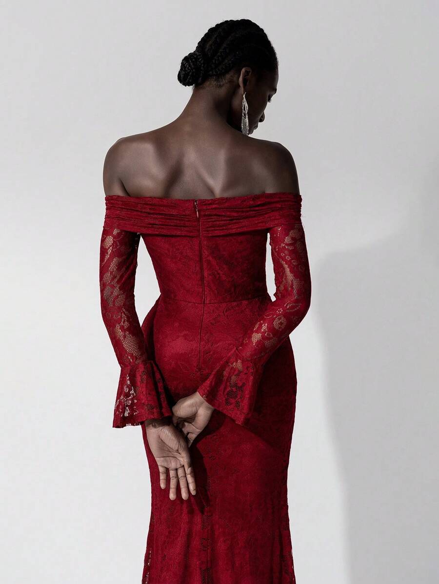 Elitara 优雅蕾丝花朵露肩长袖美人鱼礼服适合婚礼、活动、派对、度假、伴娘礼服（成人） - 酒紅色 - 查看 1