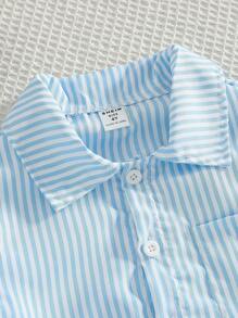 Young Boy Short Sleeve Preppy Striped Relaxed Casual Shirt, Summer - Blue - View 5