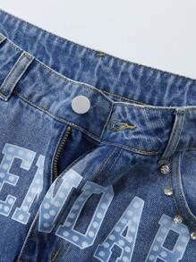 ROMWE MEN Street Life 男士宗教字母印花贴袋宽松休闲百搭牛仔短裤