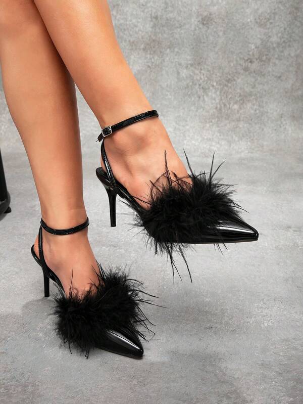 CUCCOO SZL Sexy Fashionable Furry Decor Pointed Toe High Heel Lacquer Heel Casual Versatile Slingback High Heels, Sexy Feather Party Spring Shoes Spring Break Easter Prom Heels