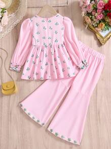 2 Pieces Girls Floral Embroidery Long Sleeve Top And Pants Set, Pink - Pink - View 2