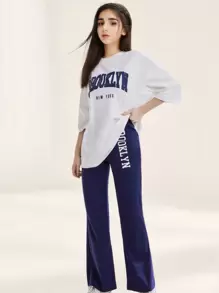 SHEIN Teen Girl Loose White Knitted Mid-Sleeve T-Shirt With Letter Print And Blue  Flared Pants Sports Casual 2pcs Set