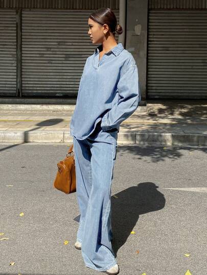 Livesso 女士秋季落肩长袖牛仔上衣和牛仔裤休闲套装