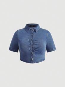 Comfortcana Plus Size Denim Casual Stretchy Short Sleeve Shirt, Blue - Blue - View 1